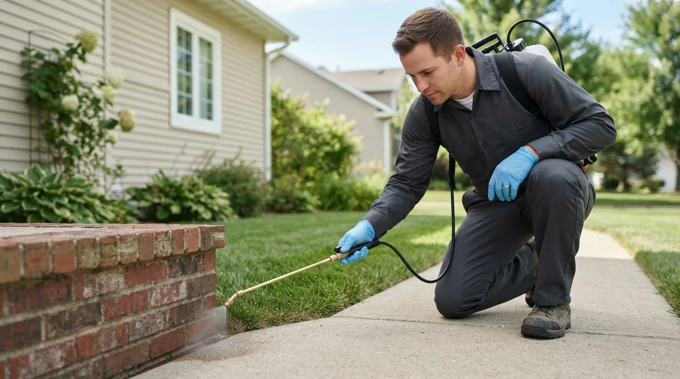 Pest control technician treating a home near Effingham, IL